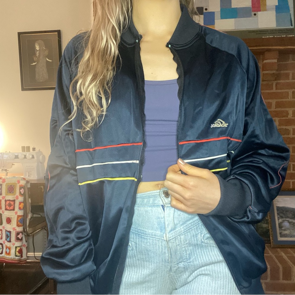 Vintage 80s Jordache Logo Oversized Pocket Zip Up Striped Bomber Track J…